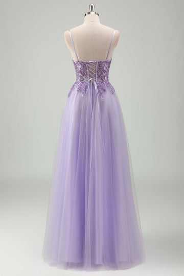 Sparkly Purple A-Line Spaghetti Straps Corset Long Formal Dress with Appliques